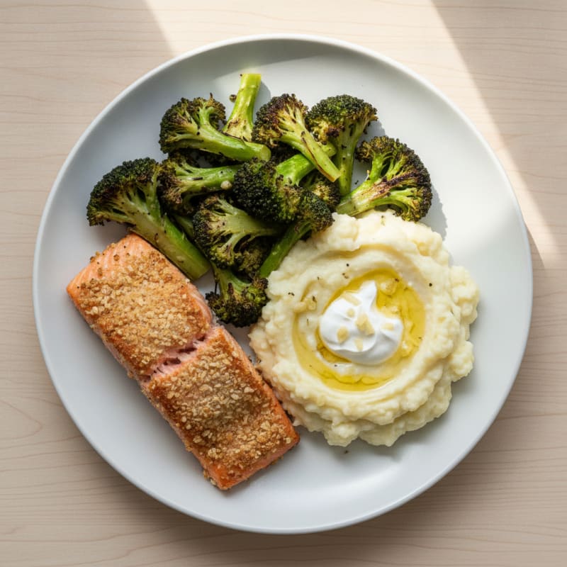 Seared Salmon with Roasted Broccoli and Garlic Mashed Cauliflower