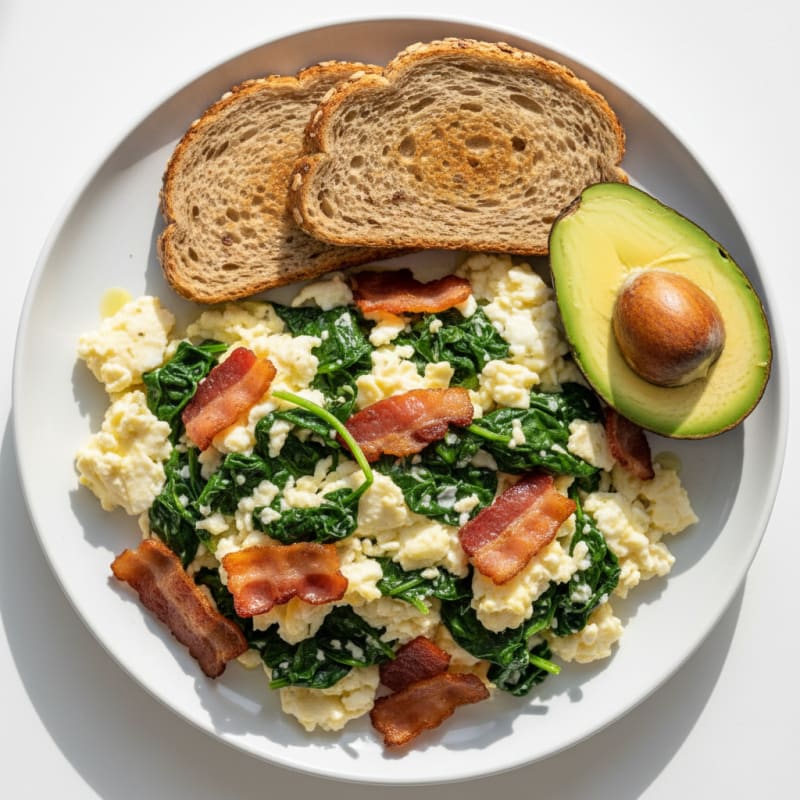 Crispy Turkey Bacon and Egg White Scramble with Sautéed Spinach