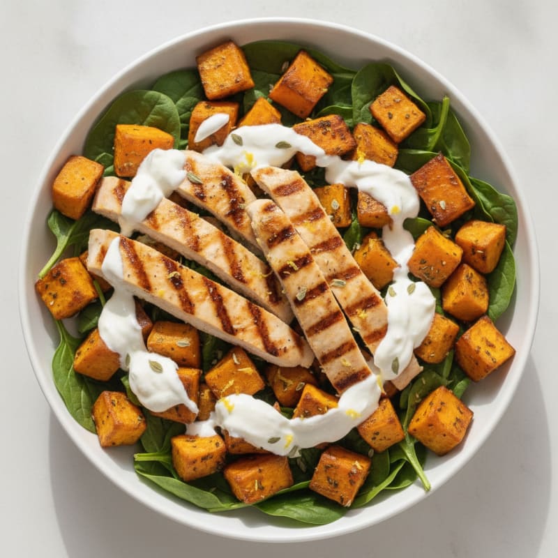 Grilled Chicken and Roasted Sweet Potato Bowl with Greek Yogurt Dressing