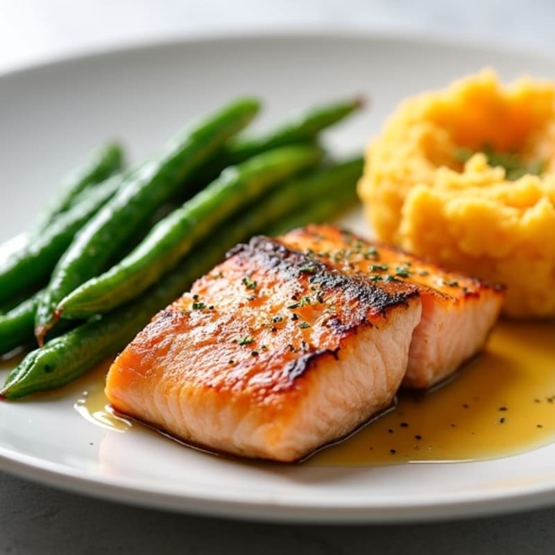 Seared Salmon with Garlic Green Beans and Mashed Sweet Potato