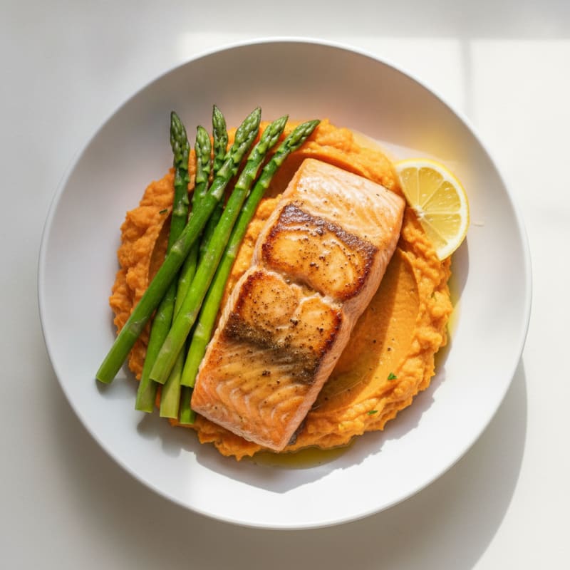 Seared Salmon Fillet with Steamed Asparagus and Sweet Potato Mash