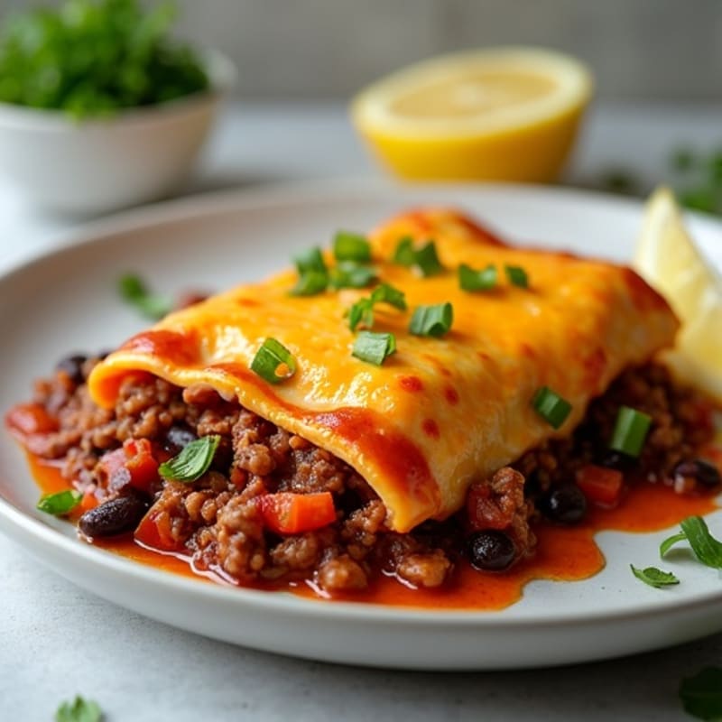 Healthy Cheesy Lean Ground Beef and Black Bean Enchilada Bake