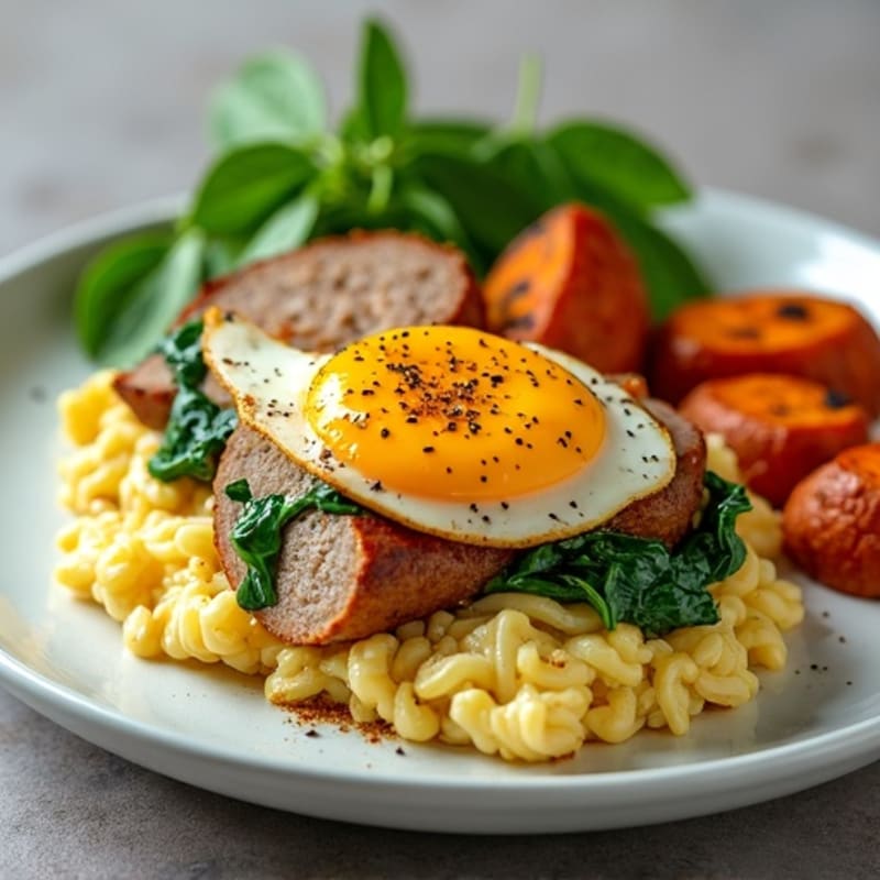 Egg White and Turkey Sausage Scramble with Spinach and Roasted Sweet Potatoes