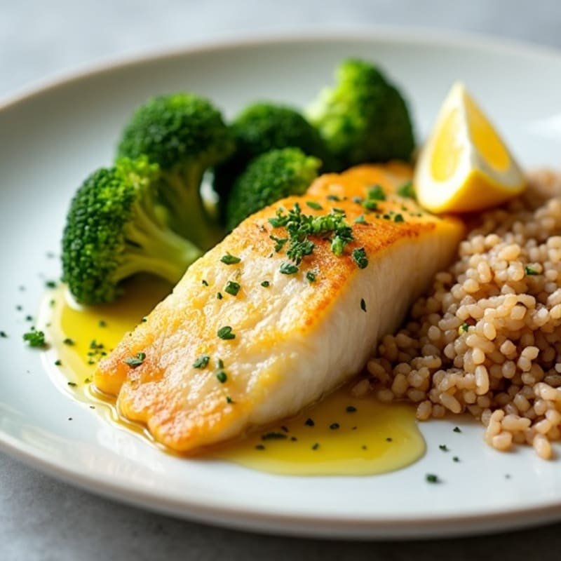 Lemon Garlic Baked Cod with Steamed Broccoli and Brown Rice