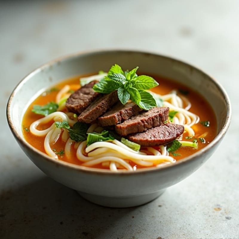 Fragrant Beef Broth with Silky Rice Noodles and Fresh Herbs