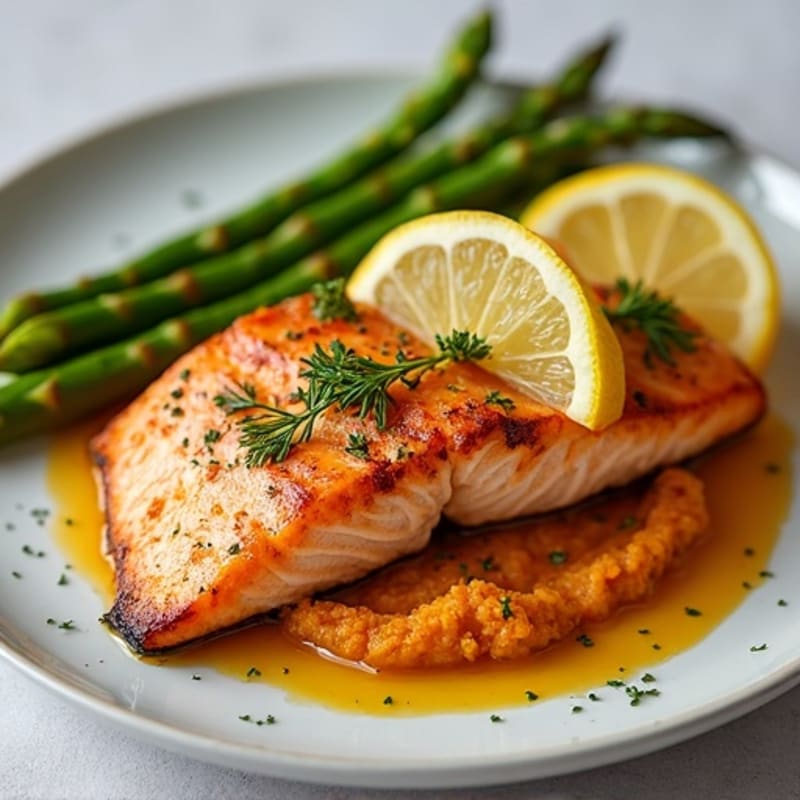Crispy Lemon-Herb Salmon with Roasted Asparagus and Creamy Sweet Potato Puree