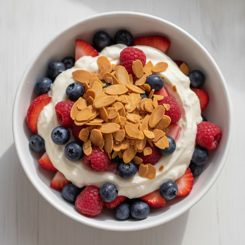 Greek Yogurt Protein Parfait with Mixed Berries and Almonds
