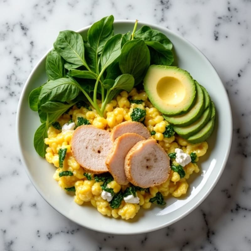 Egg White Spinach Scramble with Cottage Cheese and Sliced Turkey