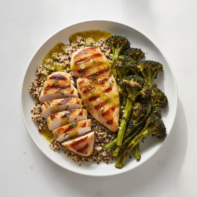 Grilled Chicken Breast Salad with Quinoa and Roasted Broccoli