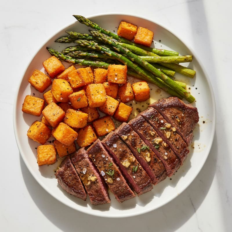 Garlic Butter Steak with Roasted Sweet Potatoes