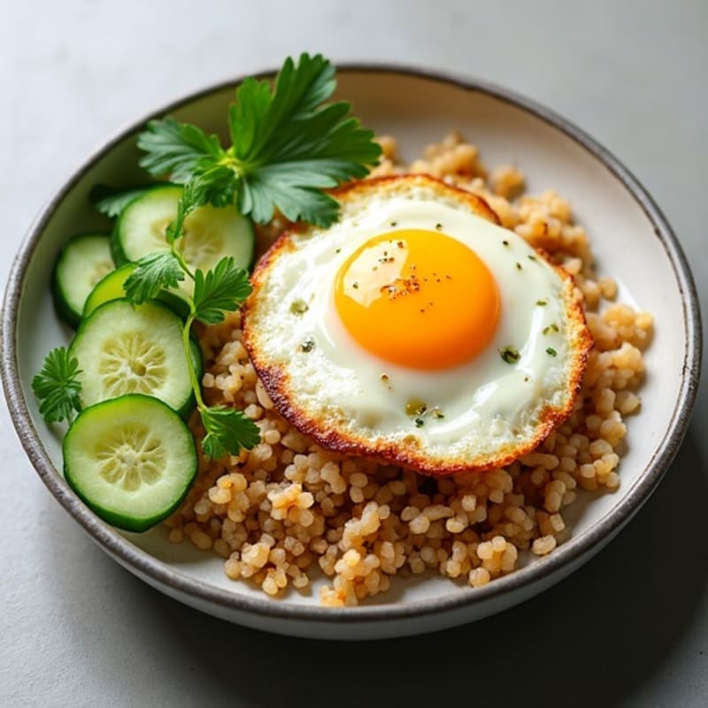 Crispy Fried Egg with Herbed Brown Rice and Fresh Cucumber
