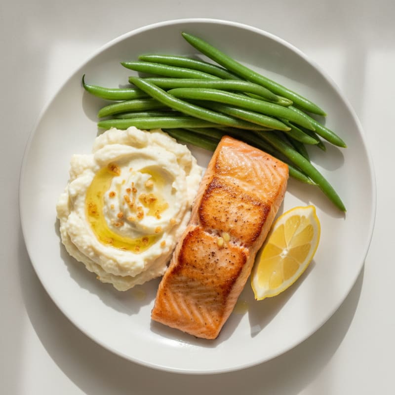 Seared Salmon with Steamed Green Beans and Garlic Mashed Cauliflower