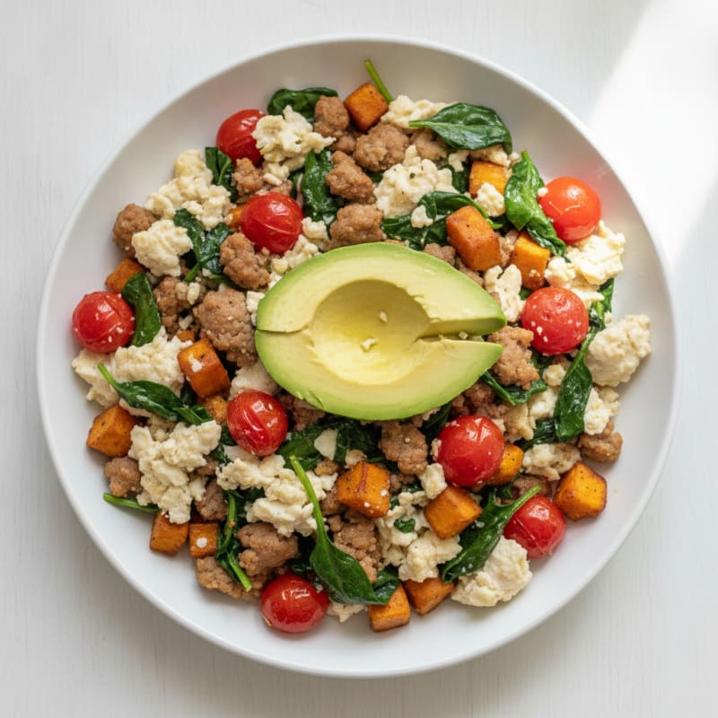 Egg White and Turkey Sausage Scramble with Spinach and Tomatoes