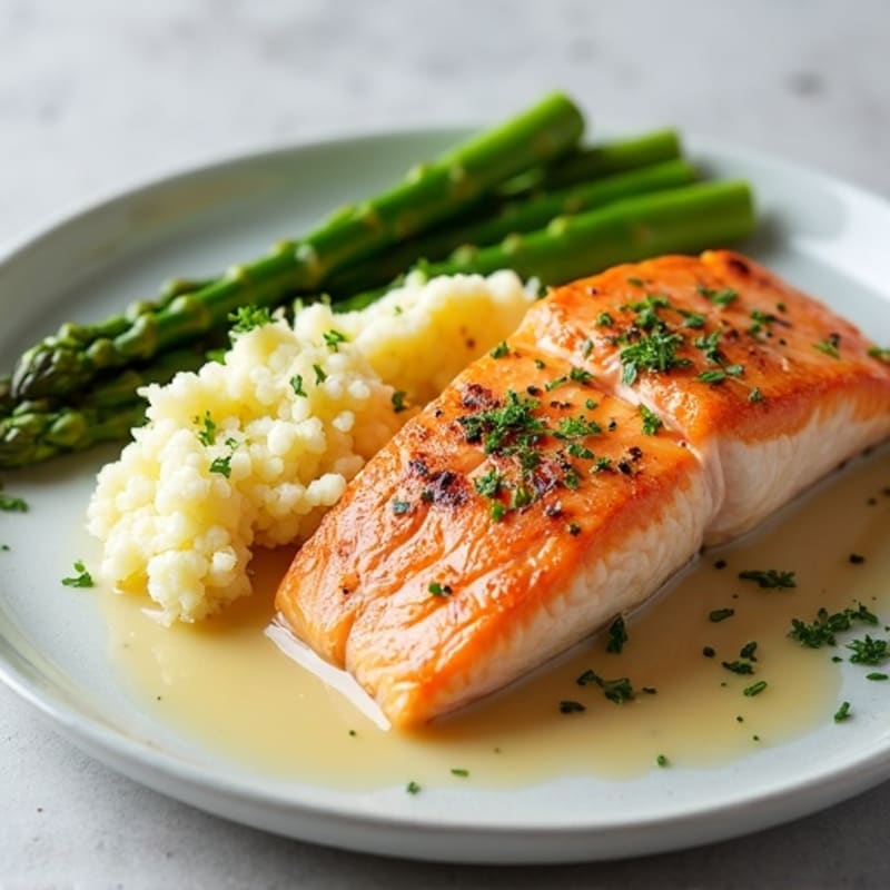 Seared Salmon with Steamed Asparagus and Garlic Mashed Cauliflower