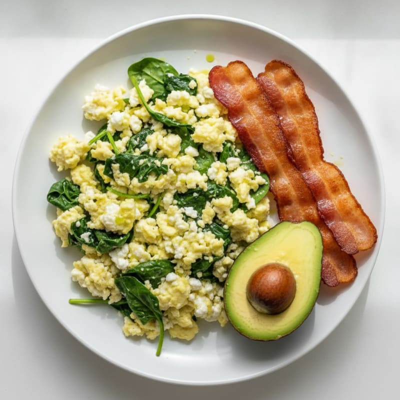 Cottage Cheese Egg Scramble with Spinach and Turkey Bacon