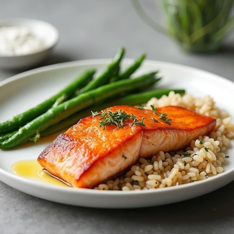 Seared Salmon Fillet with Steamed Green Beans and Brown Rice