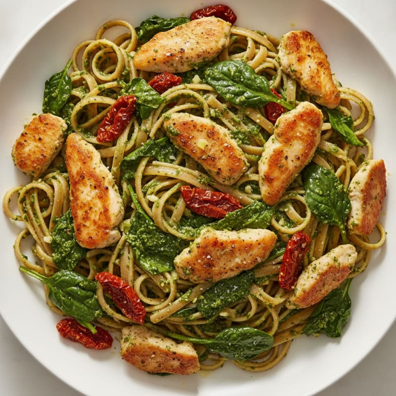Pesto Chicken Linguine with Sun-Dried Tomatoes