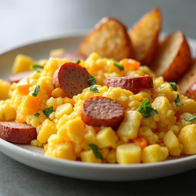 Cheesy Egg and Turkey Sausage Scramble with Roasted Potatoes