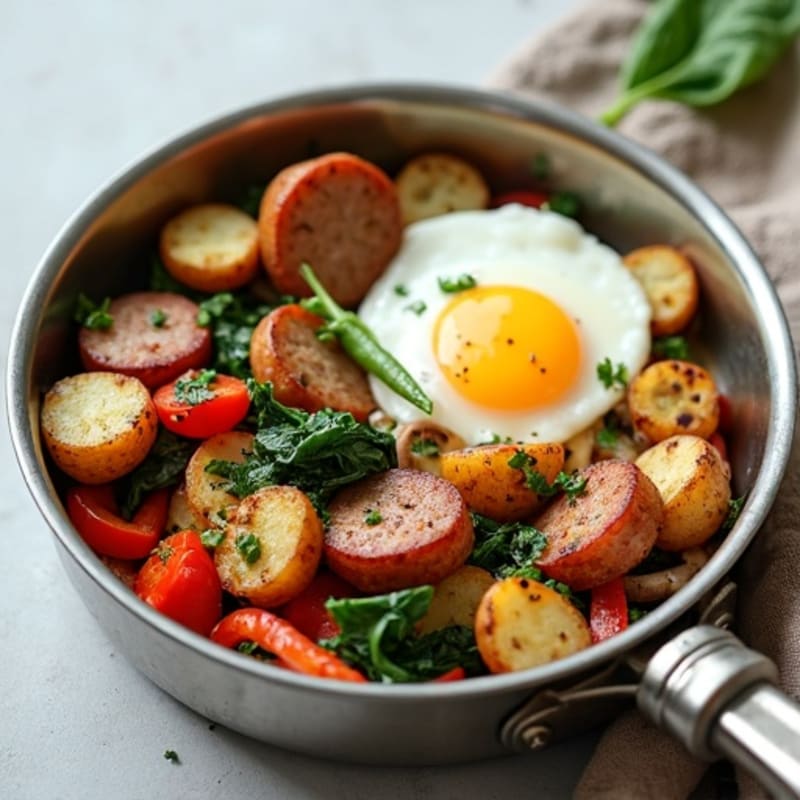 Crispy Potato and Egg Skillet with Lean Turkey Sausage and Fresh Veggies