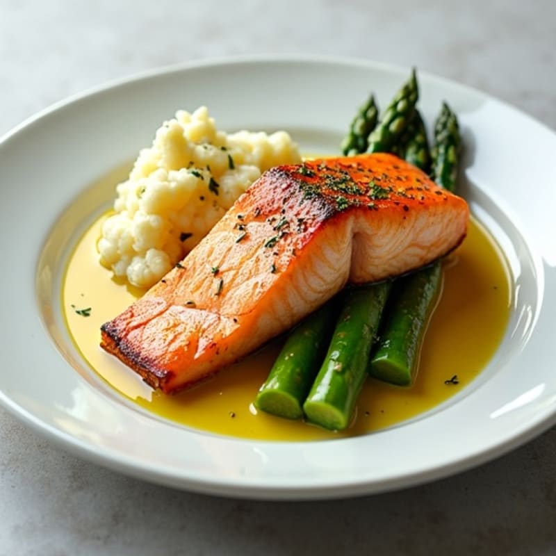 Seared Salmon with Steamed Asparagus and Mashed Cauliflower