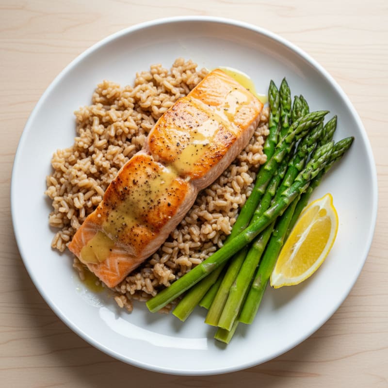 Seared Salmon with Steamed Asparagus and Brown Rice