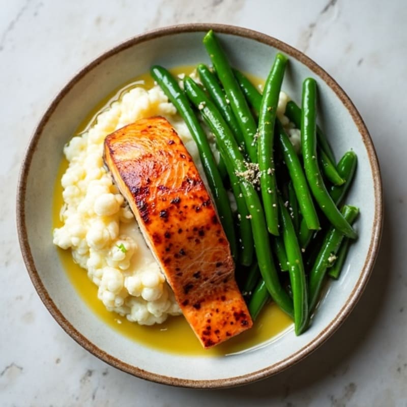 Seared Salmon with Steamed Green Beans and Garlic Cauliflower Mash