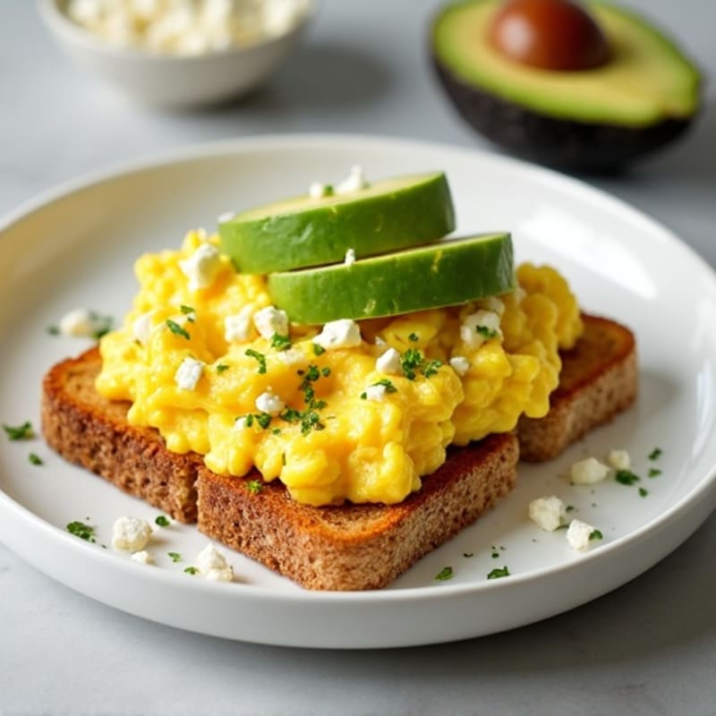 Creamy Scrambled Eggs with Crispy Whole Grain Avocado Toast