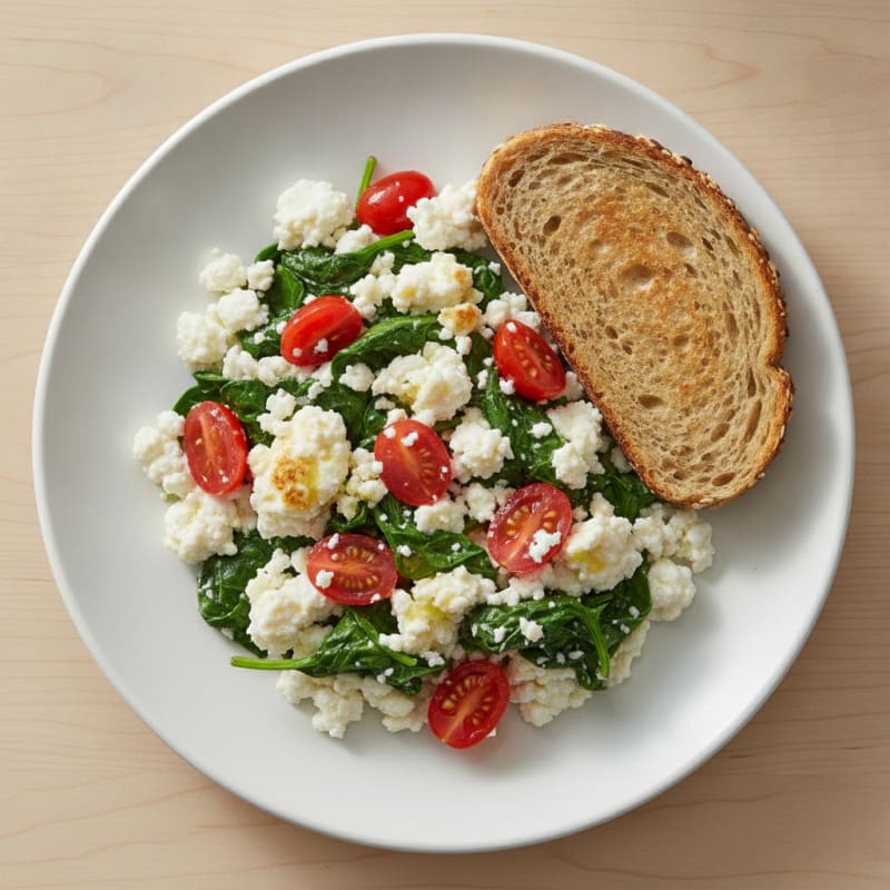 Cottage Cheese Egg White Scramble with Spinach and Cherry Tomatoes