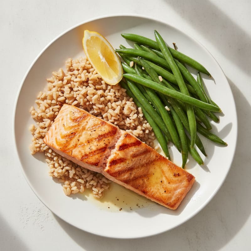Seared Salmon Fillet with Steamed Green Beans and Brown Rice