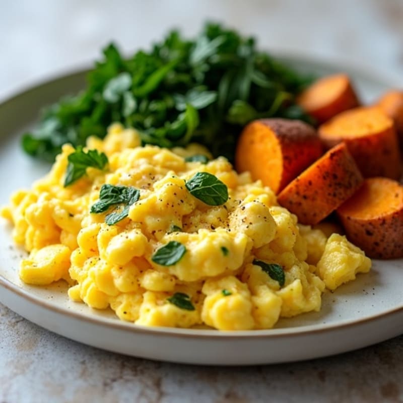 Fluffy Scrambled Eggs with Sautéed Greens and Sweet Potato