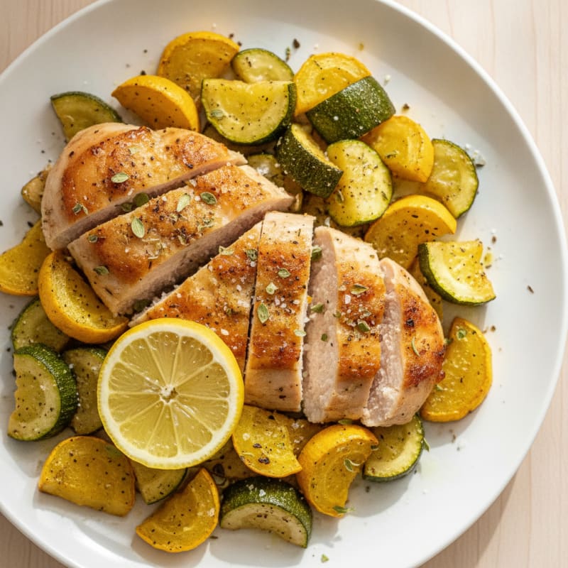 Roasted Zucchini and Squash with Herb-Crusted Chicken