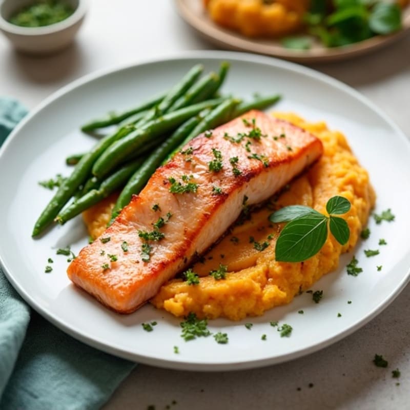 Seared Salmon Fillet with Steamed Green Beans and Sweet Potato Mash