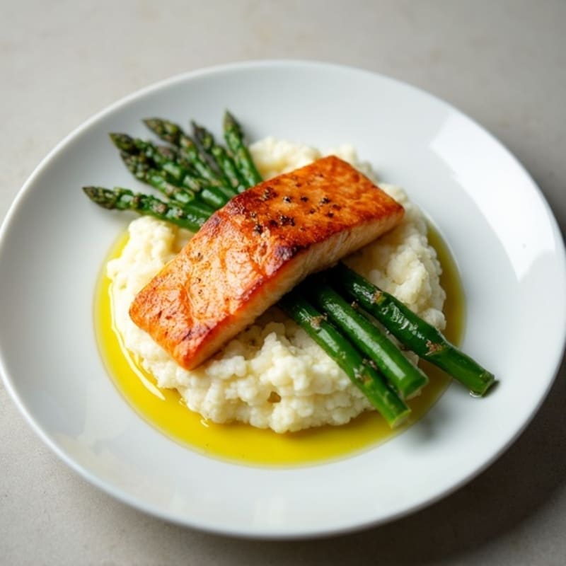 Seared Salmon with Steamed Asparagus and Cauliflower Mash