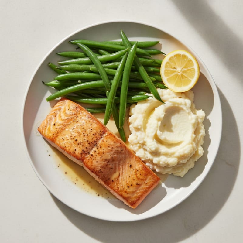 Seared Salmon with Steamed Green Beans and Garlic Mashed Cauliflower