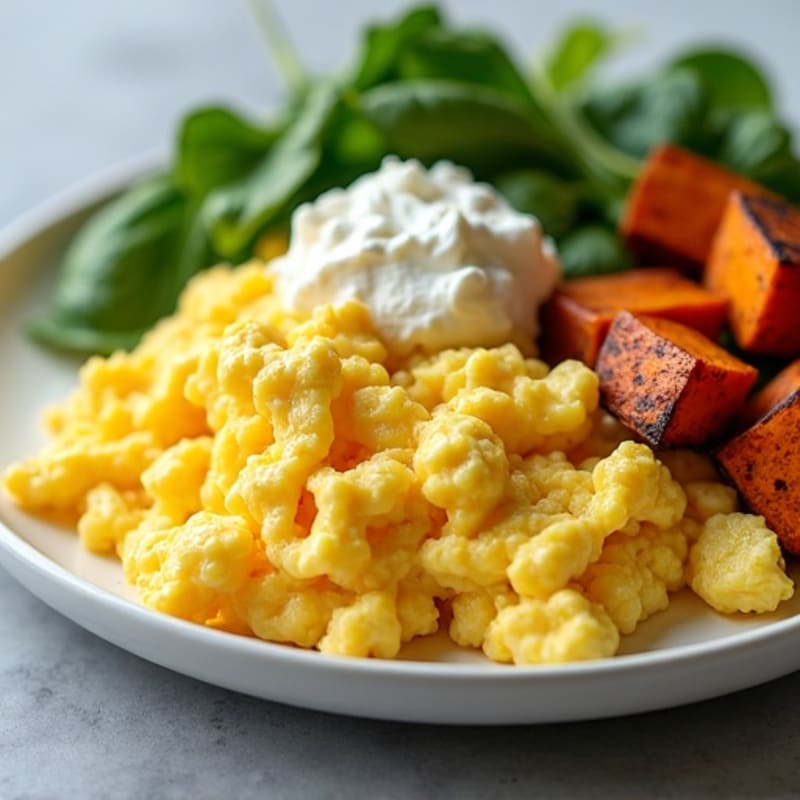 Fluffy Scrambled Eggs with Crispy Sweet Potato Hash and Fresh Greens