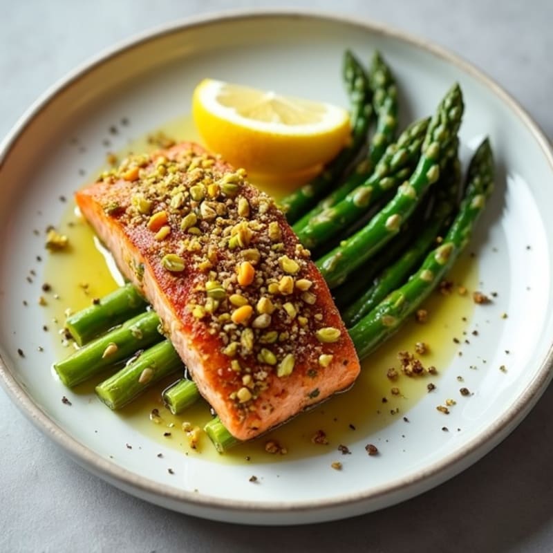 Crispy Pistachio Crusted Salmon with Roasted Lemon Asparagus