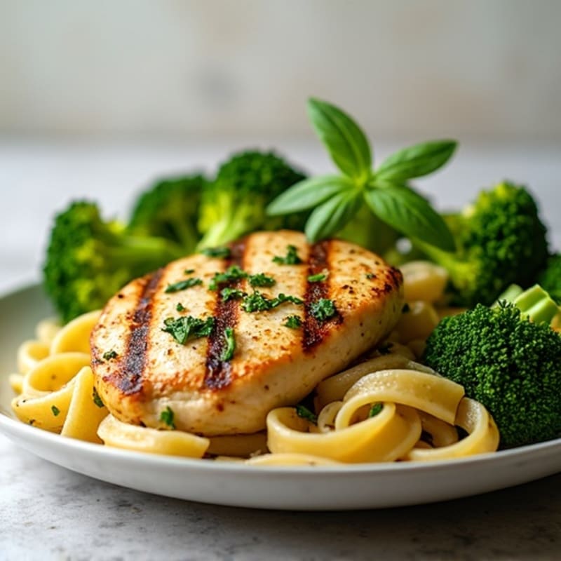 Fresh Pesto Chicken with Whole Wheat Pasta and Roasted Broccoli