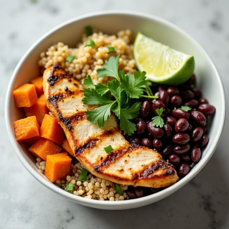 Cilantro-Lime Chicken Burrito Bowl with Roasted Sweet Potato