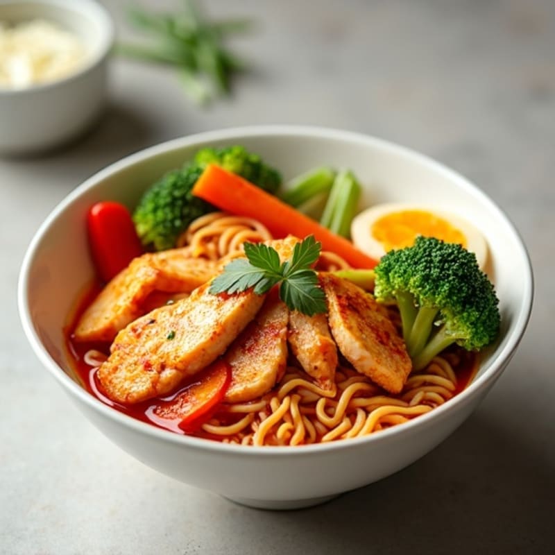 Spicy Sriracha Chicken Ramen Bowl with Fresh Vegetables