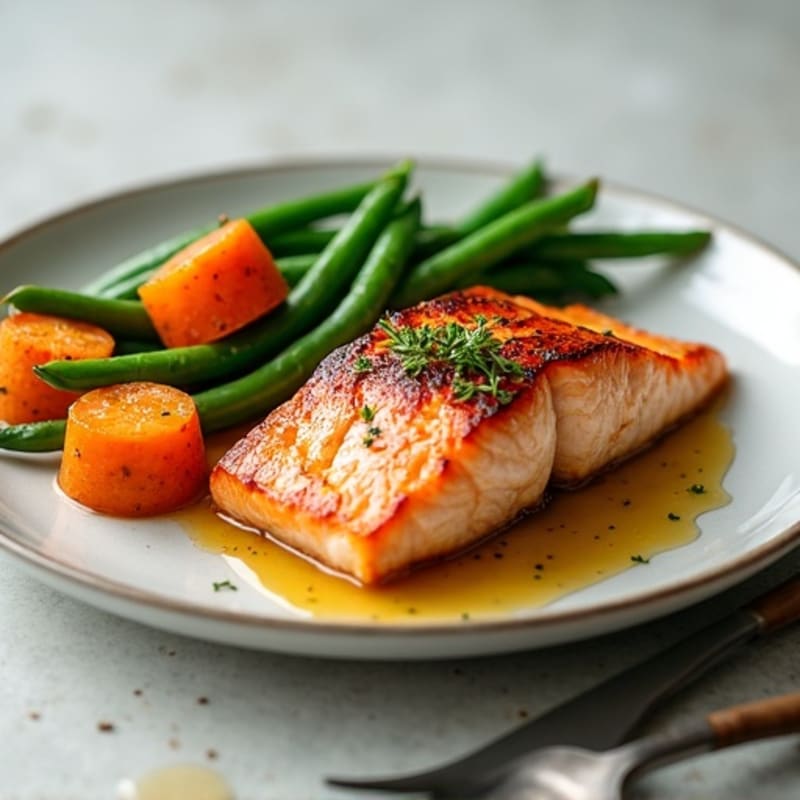 Seared Salmon with Roasted Sweet Potatoes and Green Beans