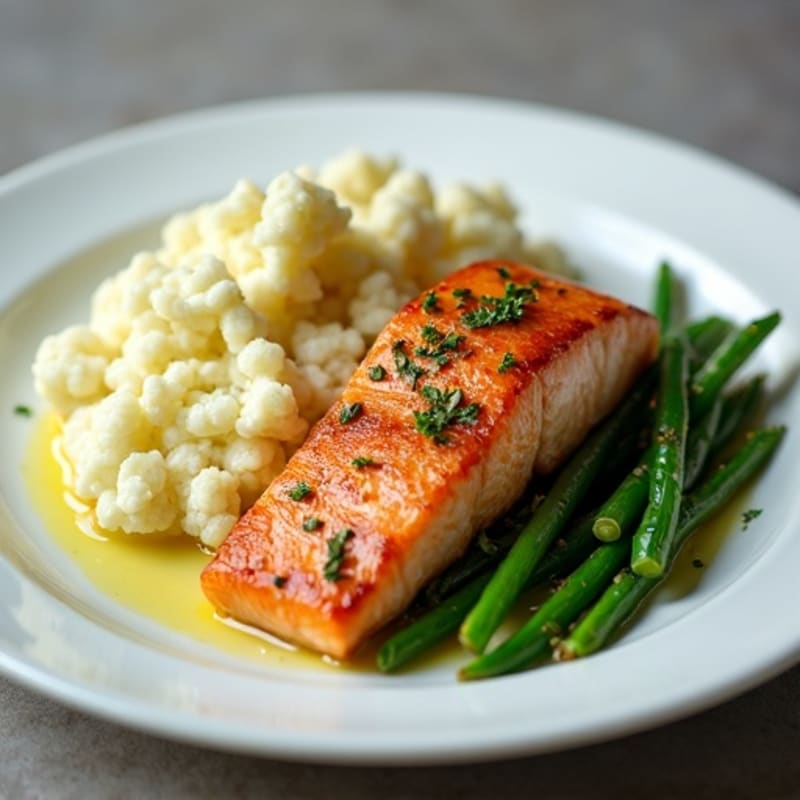Seared Salmon with Garlic Green Beans and Mashed Cauliflower