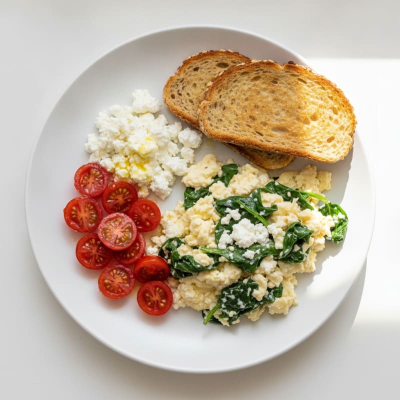 Egg White Spinach Scramble with Cottage Cheese and Cherry Tomatoes