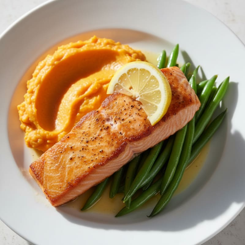 Seared Salmon Fillet with Steamed Green Beans and Sweet Potato Mash