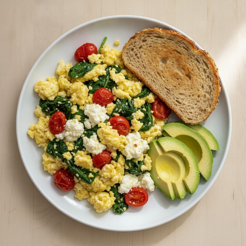 Cottage Cheese Scramble with Spinach and Cherry Tomatoes