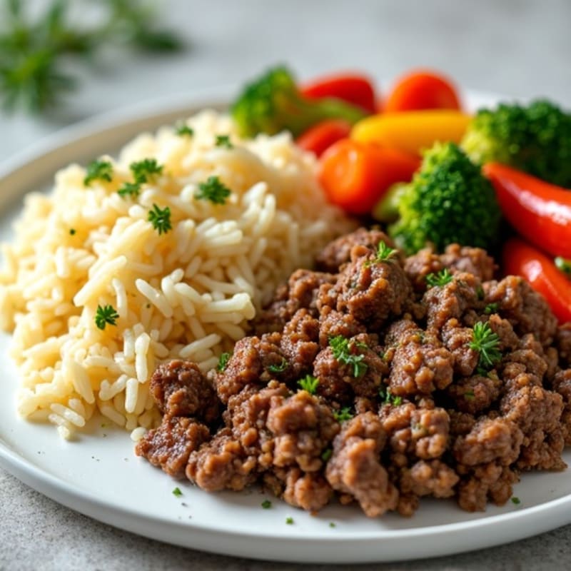 Herb-Seasoned Ground Beef with Basmati Rice and Sautéed Mixed Vegetables