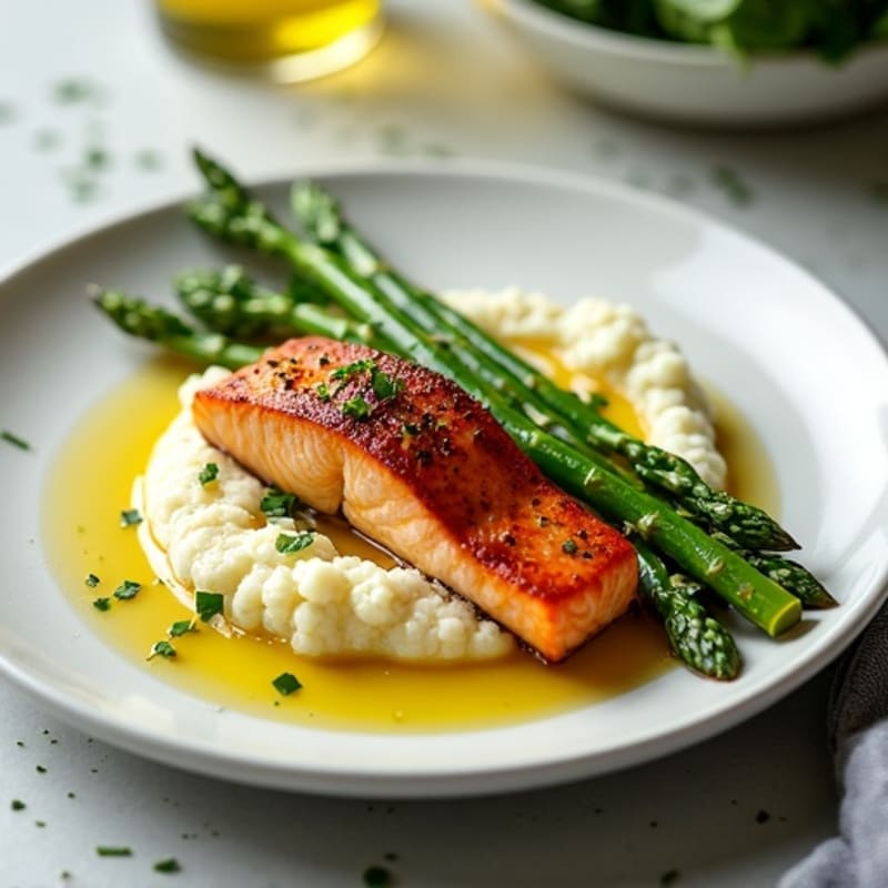 Seared Salmon with Steamed Asparagus and Cauliflower Mash