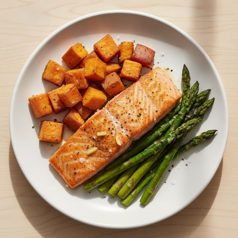 Seared Salmon with Roasted Sweet Potatoes and Asparagus