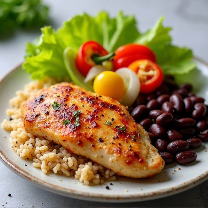 Pan-Seared Fajita Chicken with Brown Rice, Black Beans, and Fresh Lettuce