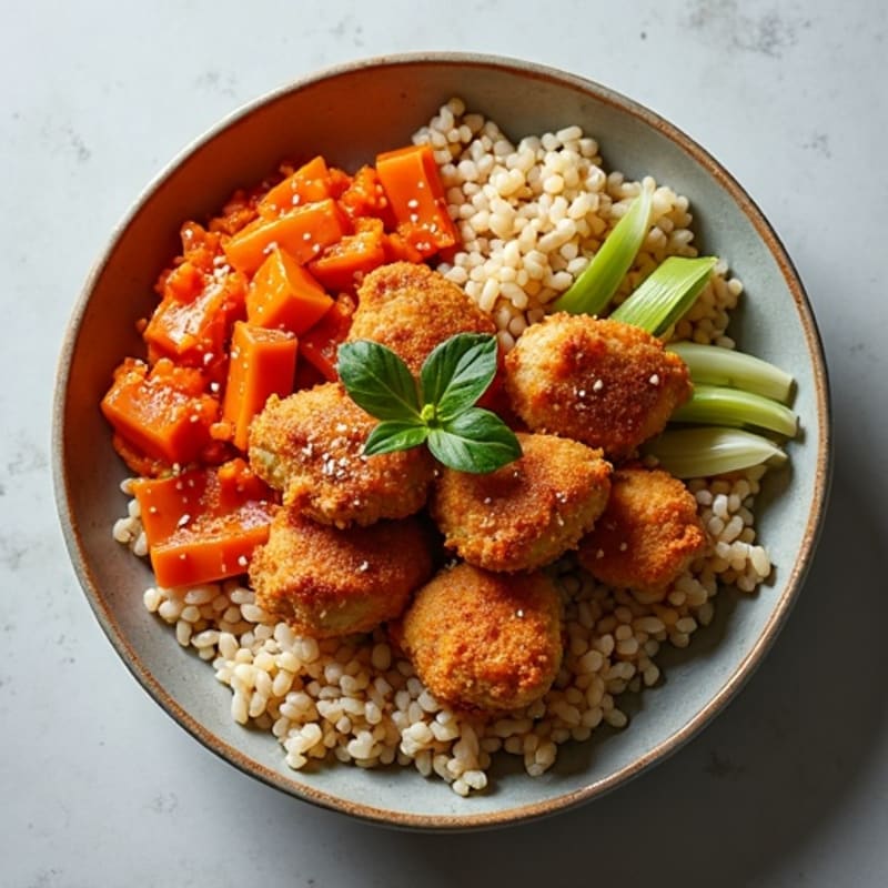Crispy Chicken Kimchi Brown Rice Skillet