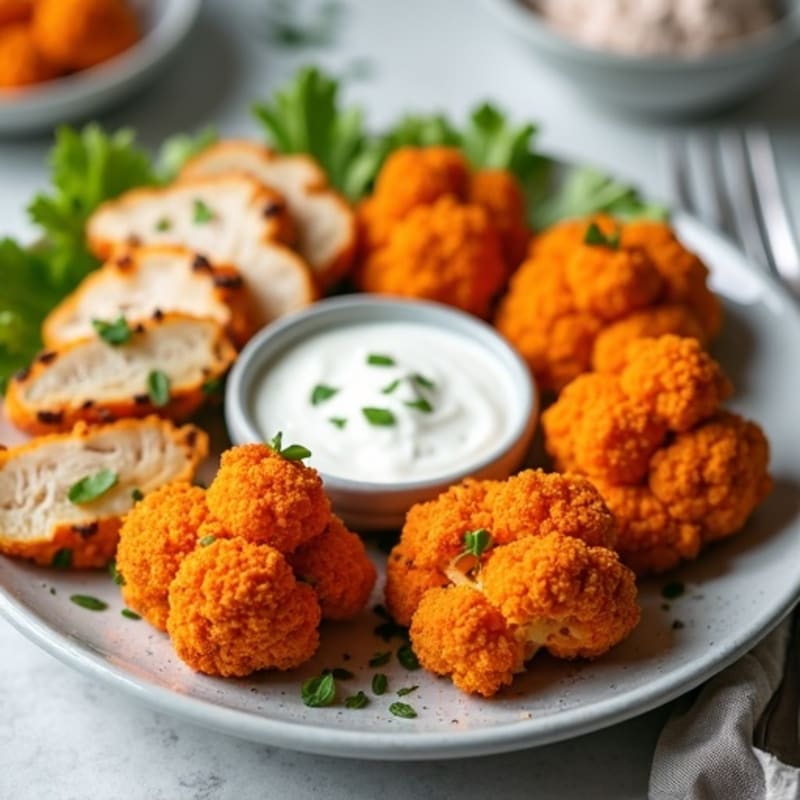 Crispy Buffalo Roasted Cauliflower Bites with Grilled Chicken and Greek Yogurt Dip